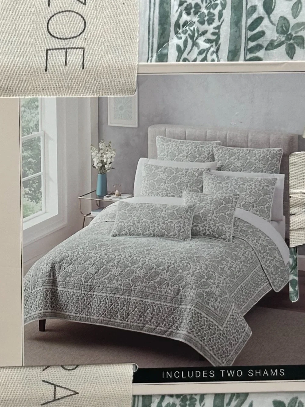 Rachel Zoe Green and White King Cotton Reversible Floral Quilt Set 106”x92”